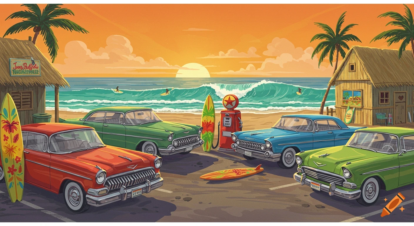 A vibrant retro illustration of vintage cars parked on a beach with surfers in the ocean at sunset.