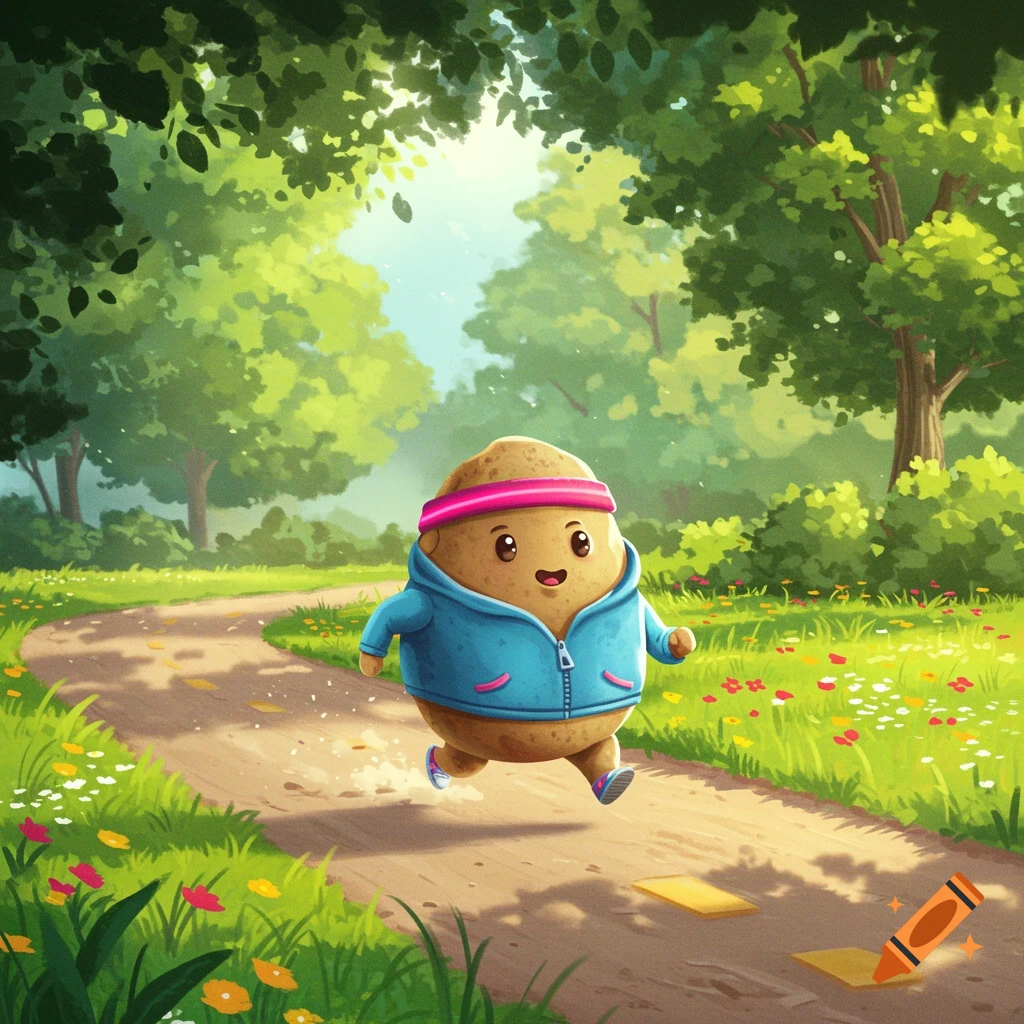 A cute cartoon potato wearing a pink sweatband and blue jacket jogs on a sunny dirt path through a green forest.