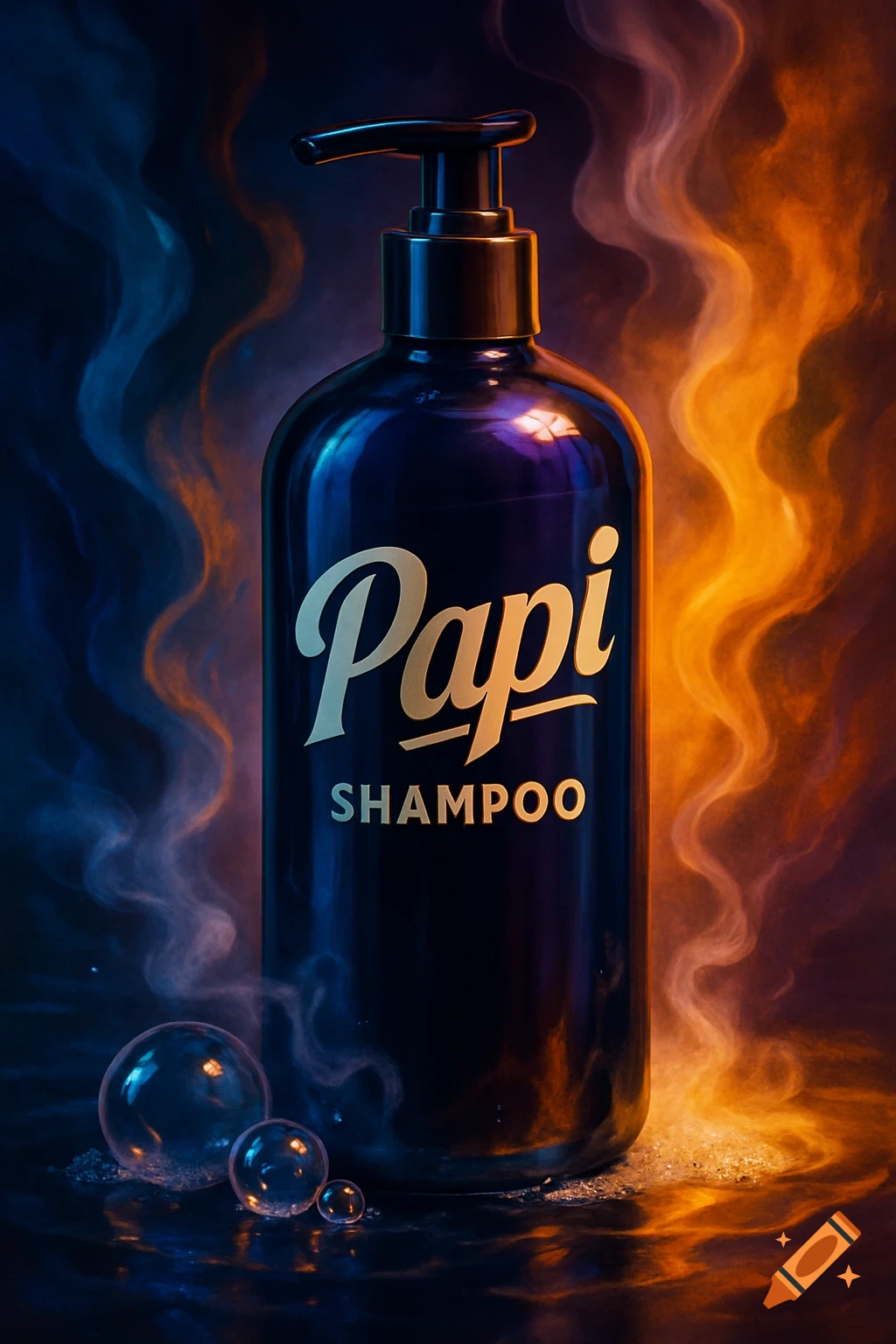 A dark blue shampoo bottle with a pump dispenser stands against a background of swirling blue and orange smoke. The bottle says 'Papi SHAMPOO' in gold text.