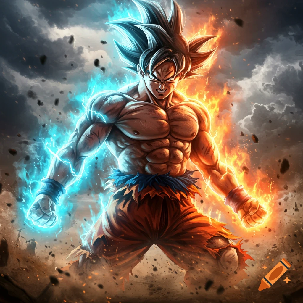 Realistic illustration of Goku in Super Saiyan form, engulfed in fiery orange and blue energy, standing in a destroyed landscape.
