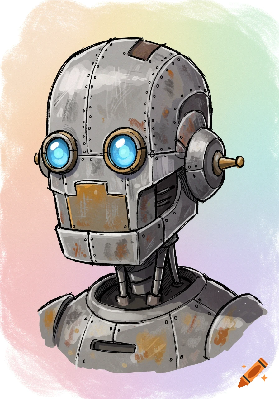 A stylized illustration of a rusty, scuffed robot head with glowing blue eyes and a distressed appearance, set against a soft, colorful background.
