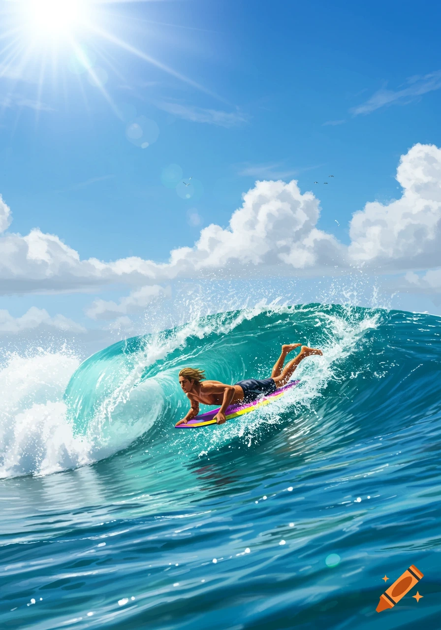 A man bodyboarding on a large turquoise wave under a bright sunny blue sky with clouds.