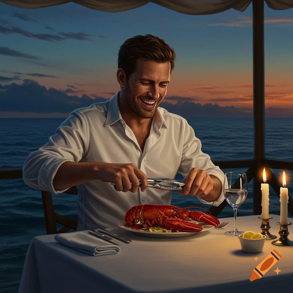 A smiling man in a white shirt uses a cracker to eat a whole cooked lobster at a table with candles by the ocean at sunset, photorealistic.