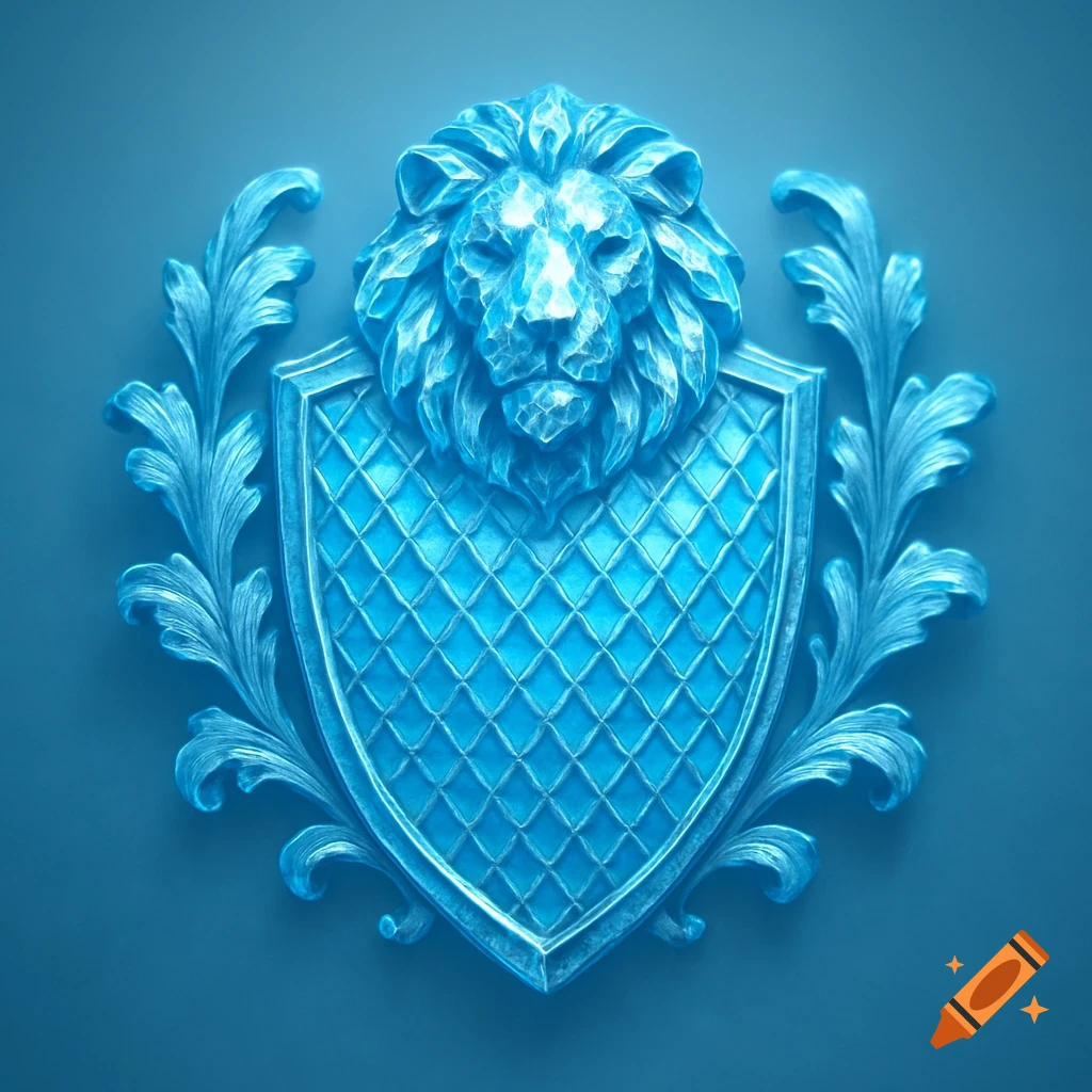 An intricate blue crest featuring a stylized diamond-textured lion head above a diamond-patterned shield, flanked by ornate leaves, against a blue background.