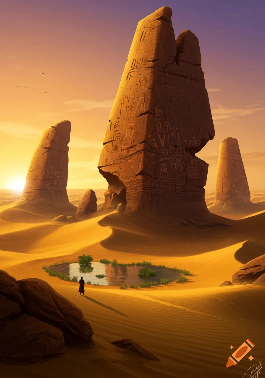 A person stands by a small oasis in a vast desert with towering rock formations etched with symbols, under a glowing orange sunset.