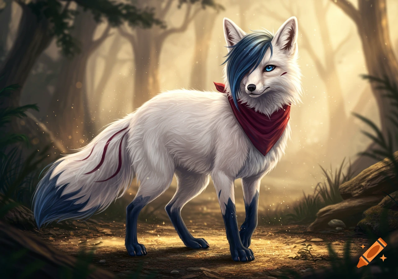A white fox with blue hair over one eye and a red bandana stands in a sunny forest. It has blue paws and blue streaks on its tail.