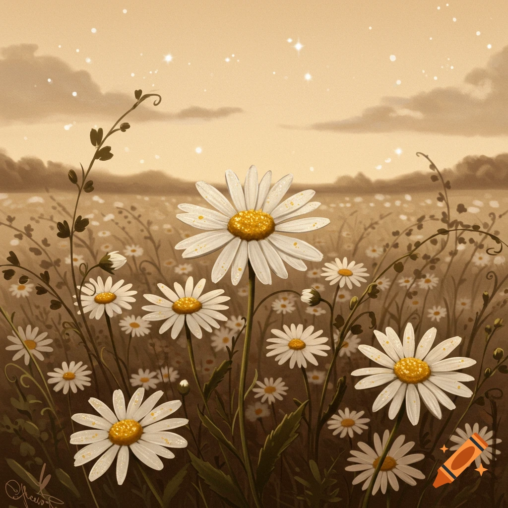 A sepia-toned vintage illustration of a field of white daisies under a sparkling sky.
