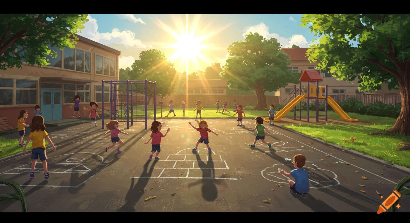 Illustrated scene of children playing hopscotch and on a playground in a sunny schoolyard.