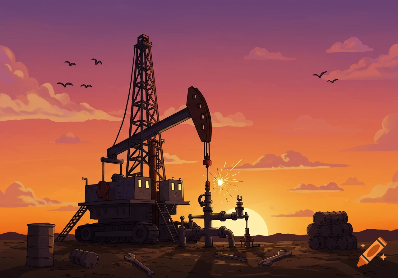 A cartoon illustration of a service rig working on an oil well against a vibrant orange and purple sunset.