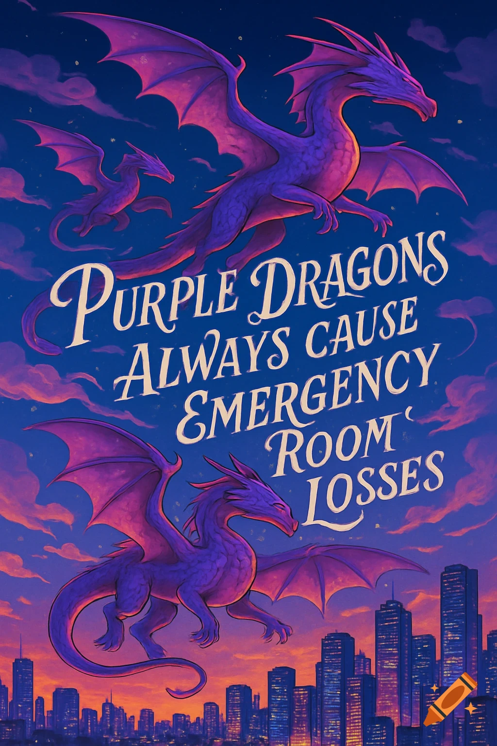 Purple dragons fly above a city skyline at sunset with the text 'Purple Dragons Always Cause Emergency Room Losses'.