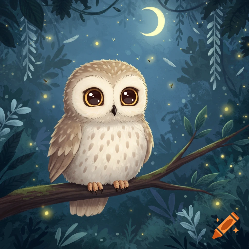 A cute, cartoon-style owl with large eyes sits on a branch in a magical, glowing forest at night under a crescent moon.