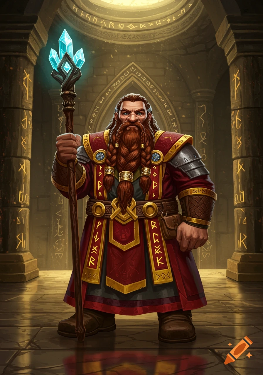 A bearded dwarf rune priest stands in a stone hall, holding a glowing crystal staff.
