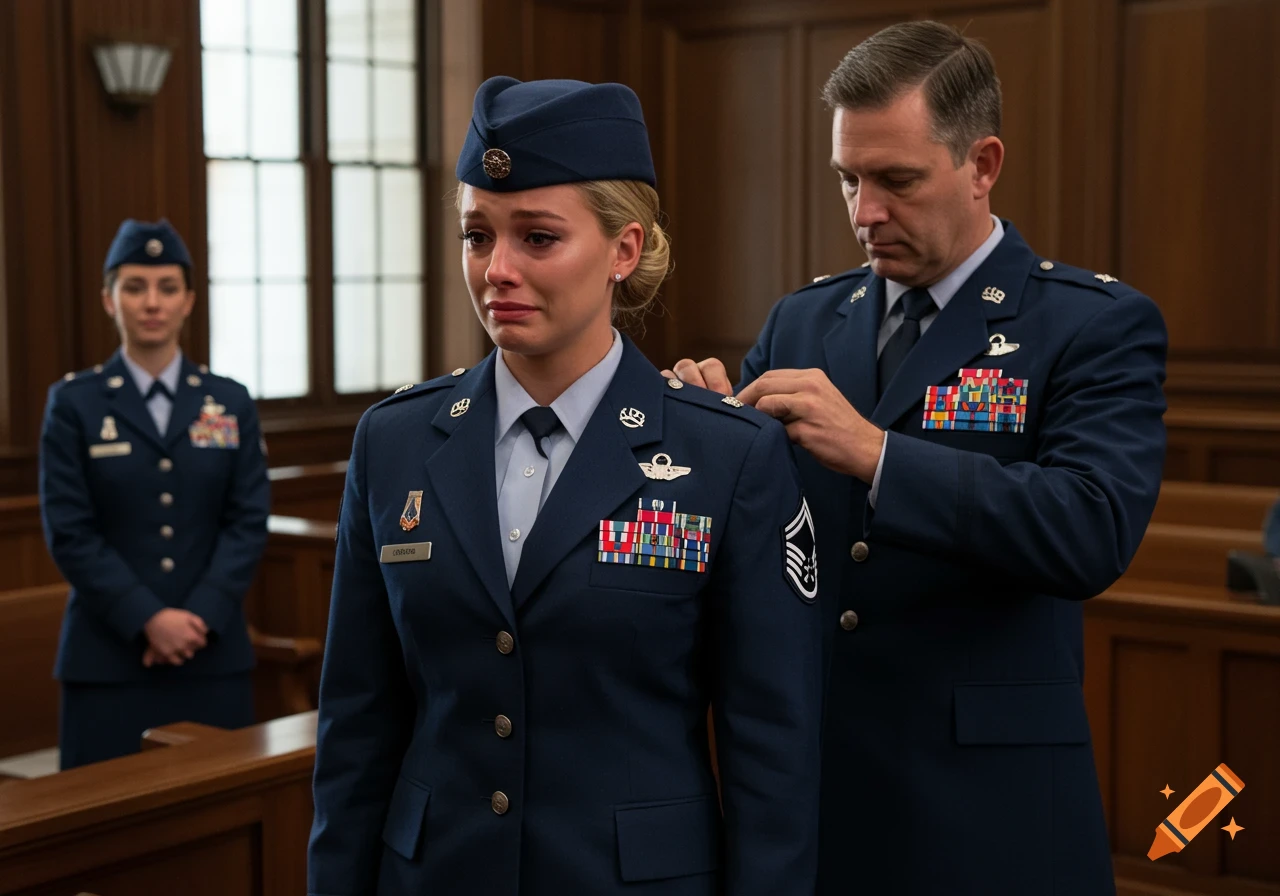 A blonde woman in an Air Force uniform cries as a male officer removes insignia from her uniform in a courtroom, another female officer stands behind.