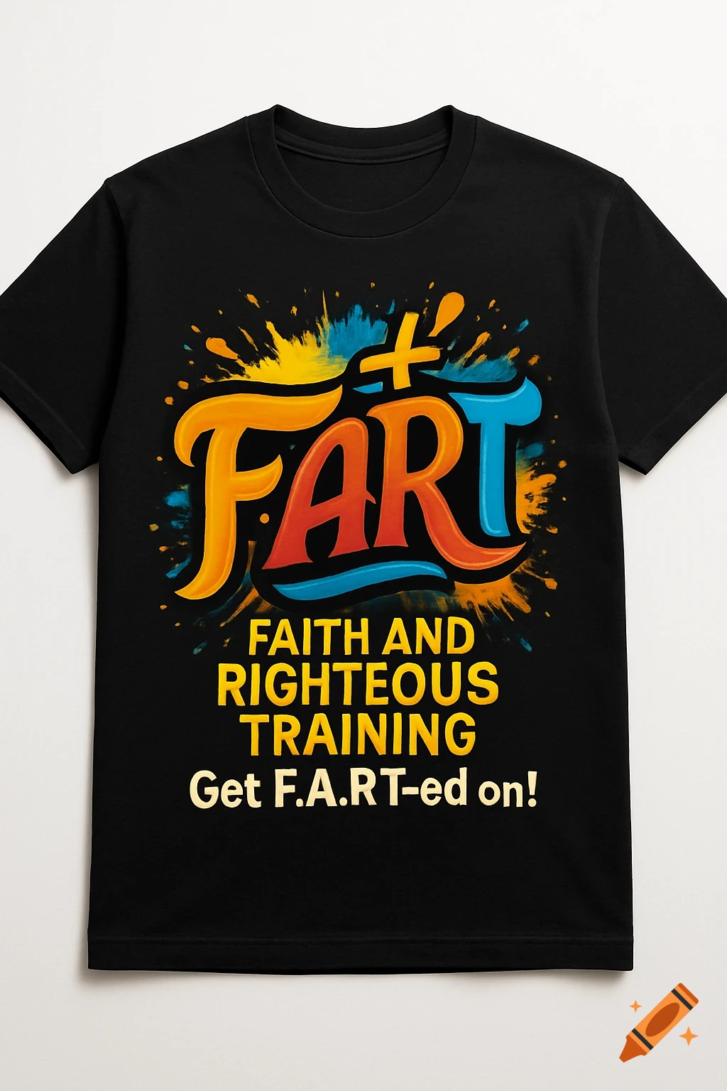 A black t-shirt with a colorful graphic design featuring the word "FART" in large letters, with "Faith and Righteous Training" and "Get F.A.R.T-ed on!" below it, on a background of paint splatters.