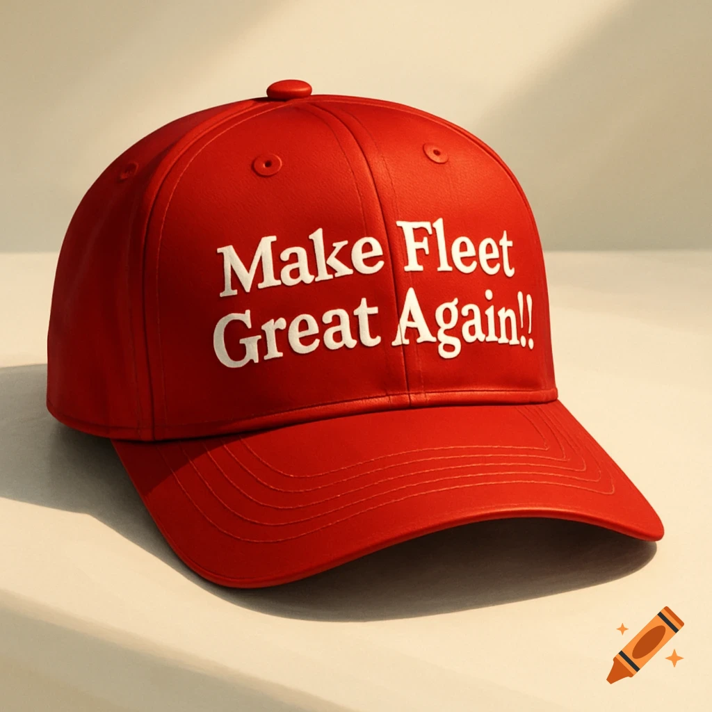 A red baseball cap with white text reading "Make Fleet Great Again!!".