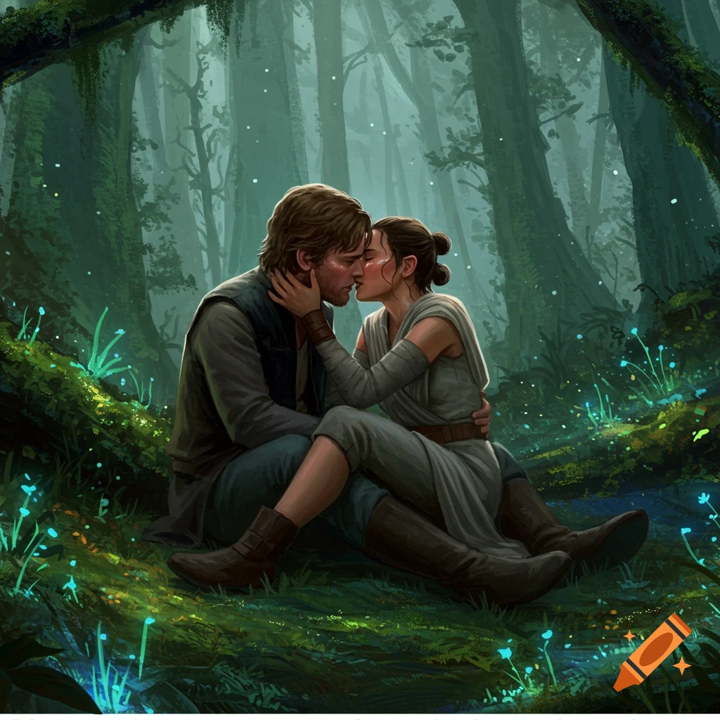 Rey and Ben Solo kissing while sitting on a mossy forest floor with glowing blue plants, digital painting style.