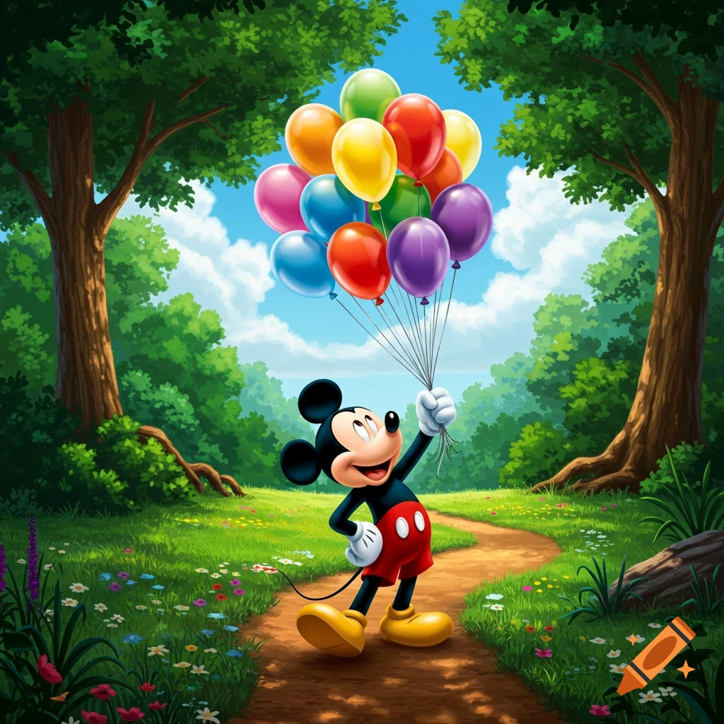 Mickey Mouse stands on a dirt path in a vibrant green forest, holding a large bunch of colorful balloons under a blue sky.