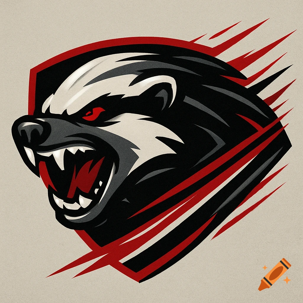 Stylized black, white, and red honey badger head sports logo with red eyes and sharp teeth, featuring speed lines.