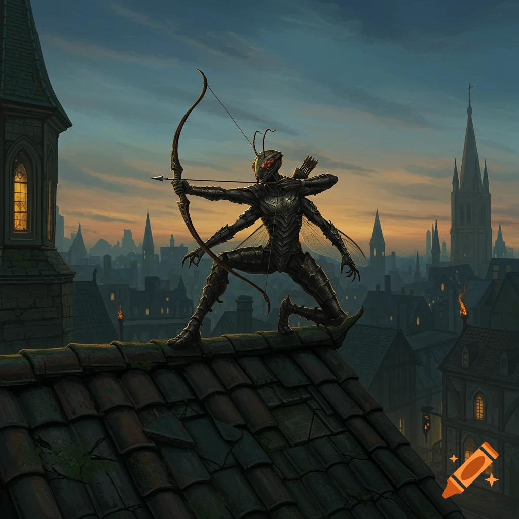 An insectoid four-armed archer in dark armor crouches on a medieval rooftop at dusk, aiming a longbow over a city skyline.