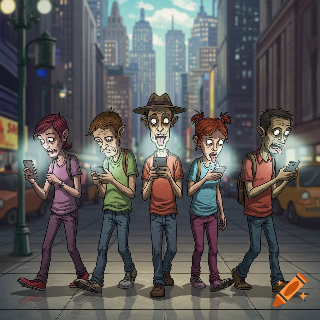 Cartoon of five zombified people walking on a city sidewalk, engrossed in their glowing smartphones.