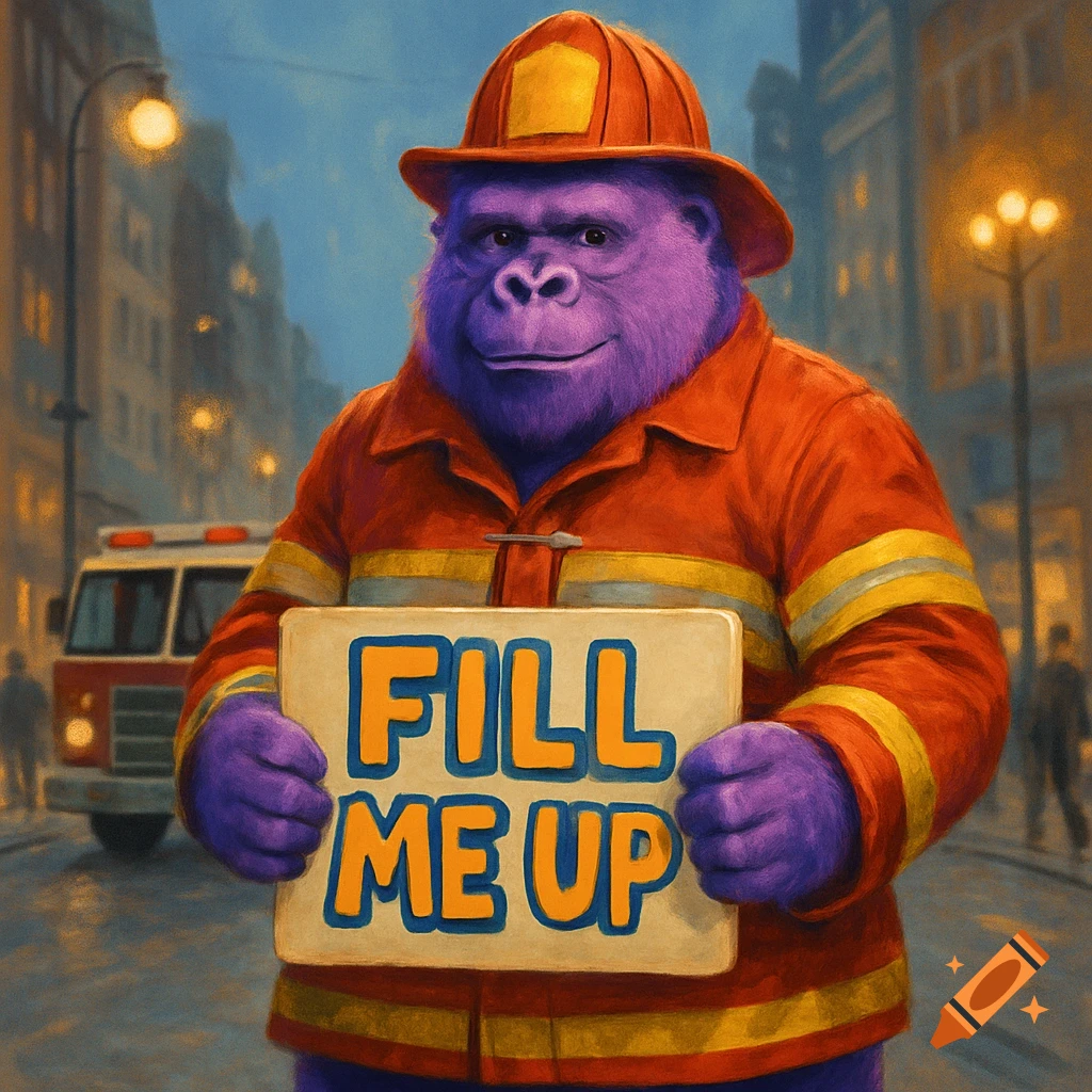 A purple gorilla dressed as a fireman holds a sign that reads "FILL ME UP" in front of a fire truck on a city street.