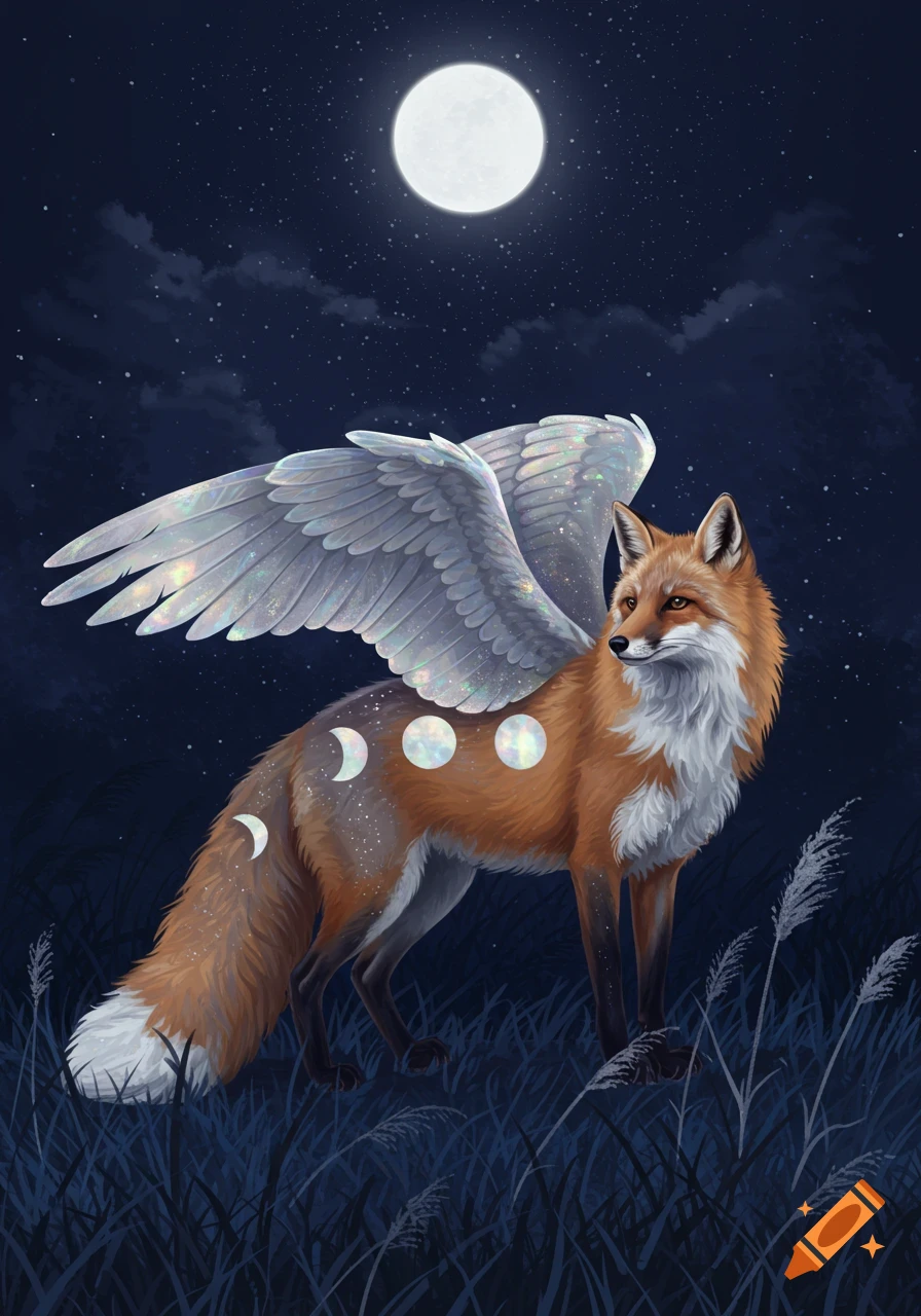 A majestic winged fox with glowing moon phases on its body stands in tall grass under a full moon and starry night sky.
