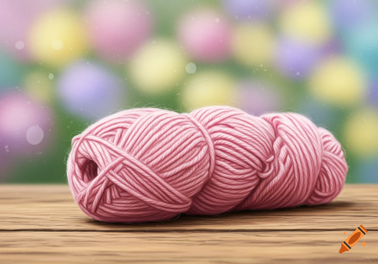 Three balls of pink yarn resting on a wooden surface with a soft, colorful bokeh background.