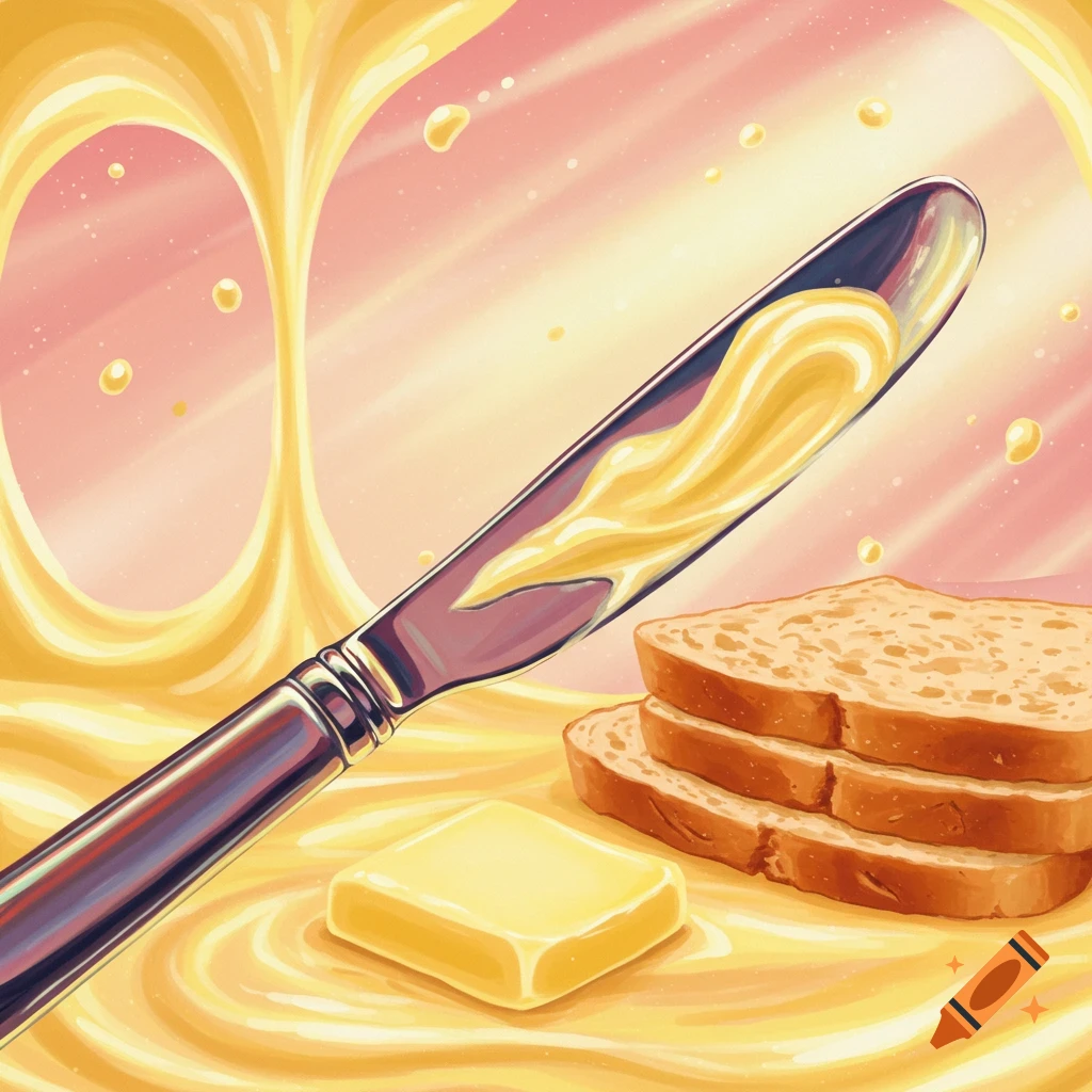 An illustration of a butter knife holding butter, a block of butter, and toast slices on a swirling yellow surface.