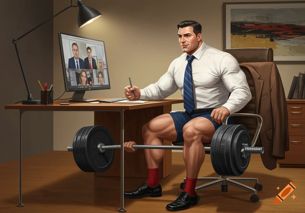 A muscular man in a white shirt, blue tie, and shorts sits at a desk, lifting a barbell under the desk while on a video call on the computer monitor.