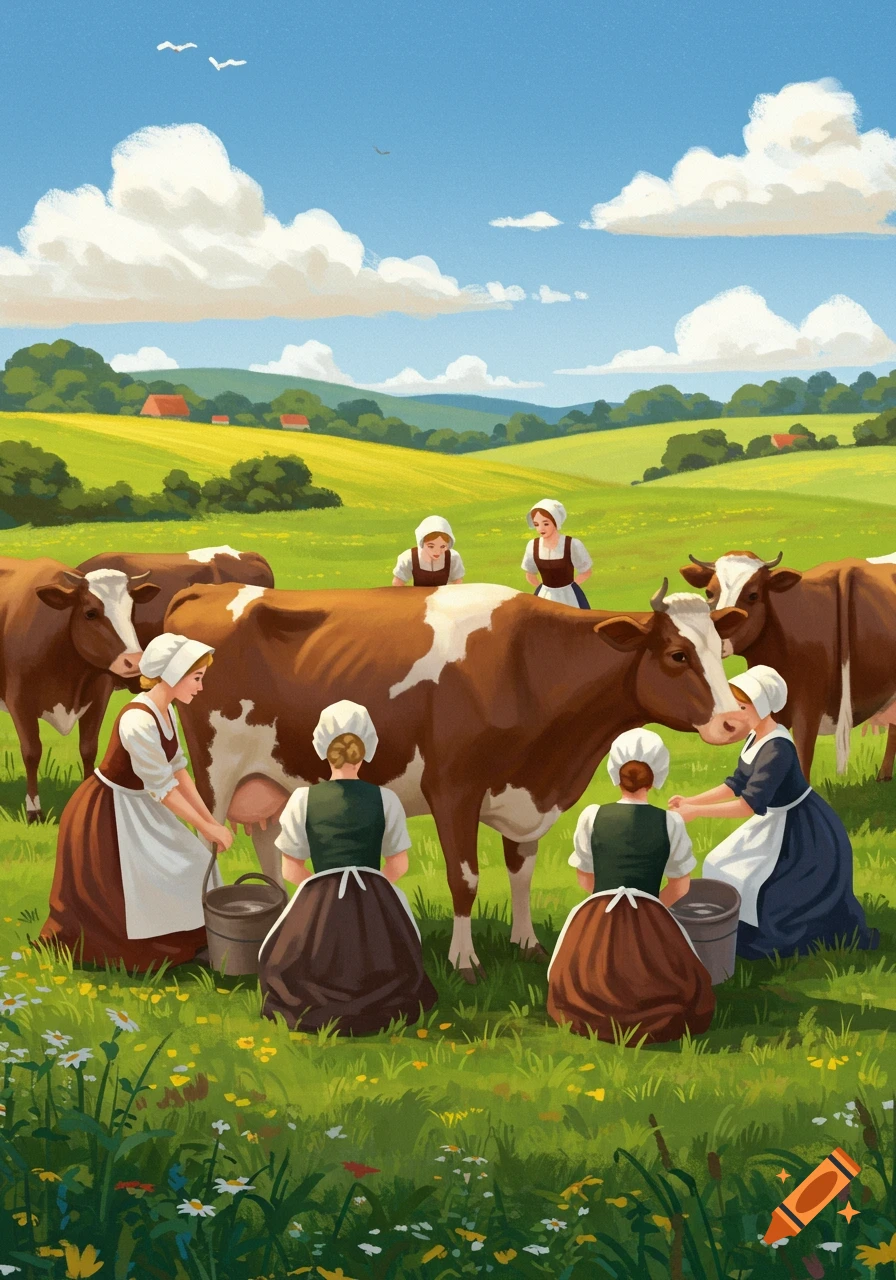 Several women in traditional dresses milk cows in a green, flowery meadow under a blue sky, in an illustrative style.