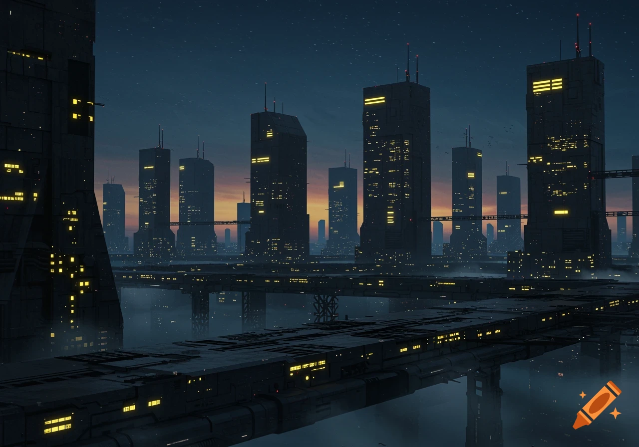 A futuristic city at dusk with tall, dark skyscrapers featuring glowing yellow windows reflected in the water. The foreground shows a flat, metallic structure.