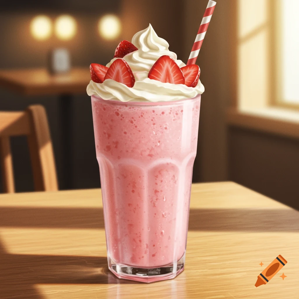 A photorealistic strawberry milkshake topped with whipped cream and sliced strawberries, served in a glass with a striped straw on a wooden table.