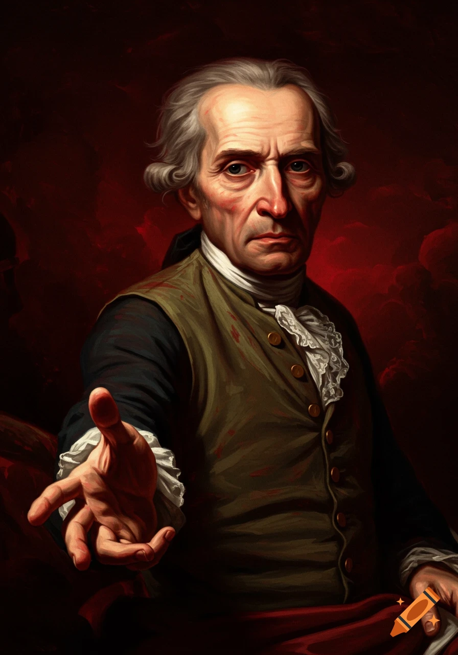 Dramatic oil painting portrait of Maximilien Robespierre, a man with gray hair and intense gaze, extending his hand towards the viewer.