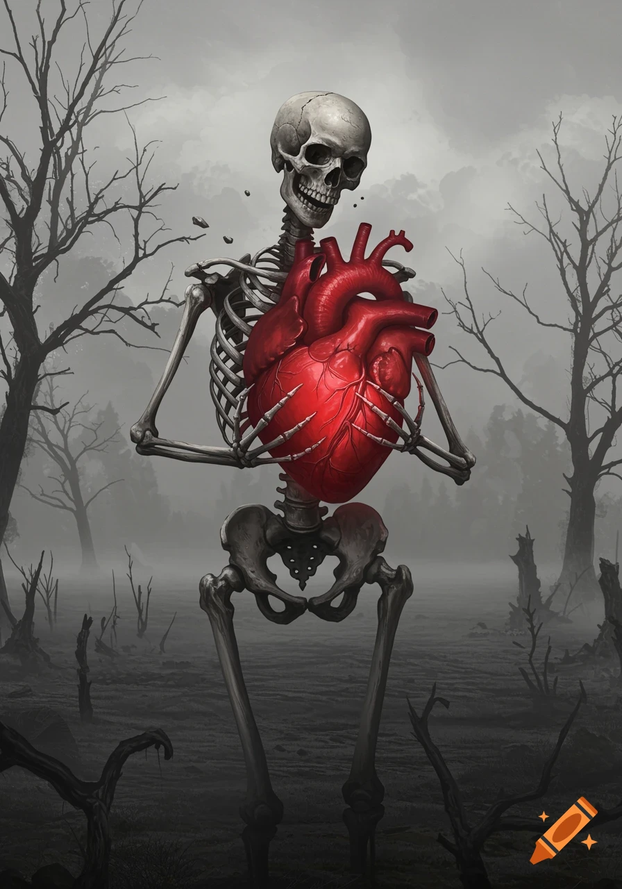 A skeletal figure holds a large, vibrant red heart in a desolate, foggy landscape with bare trees.