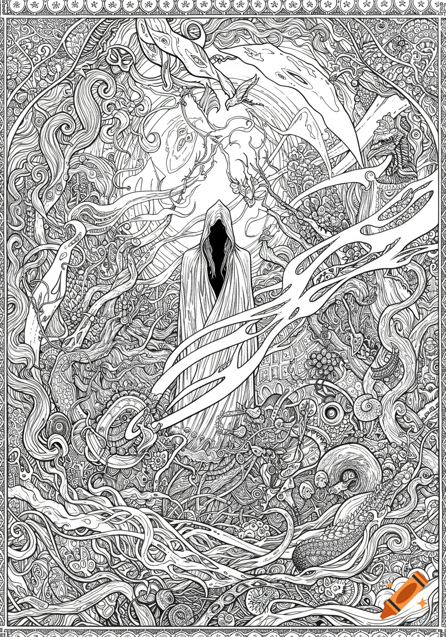 A detailed coloring book style illustration of a cloaked, hooded figure with a black void for a face, surrounded by intricate swirling organic patterns and abstract shapes.