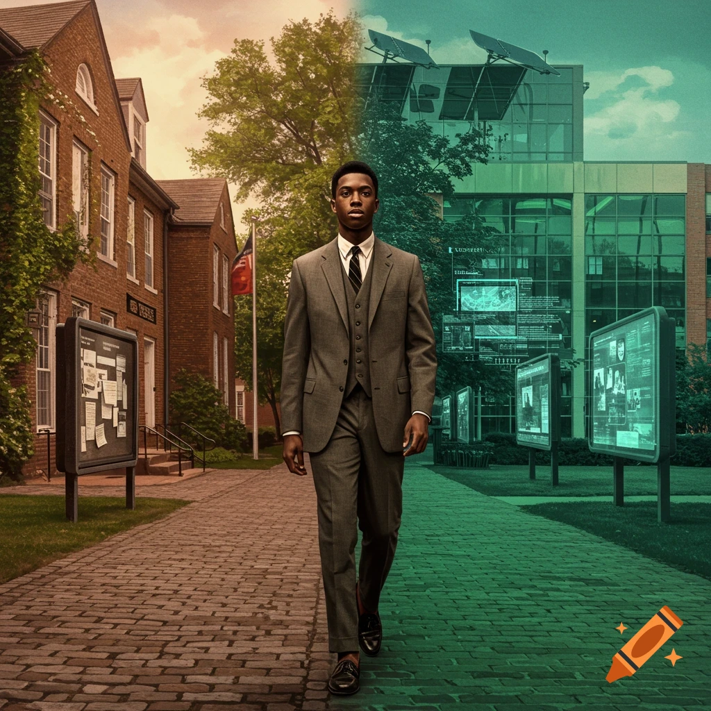 A young Black man in a suit walks on a cobblestone path, transitioning from a vintage brick campus on the left to a modern green-tinted building with solar panels on the right.