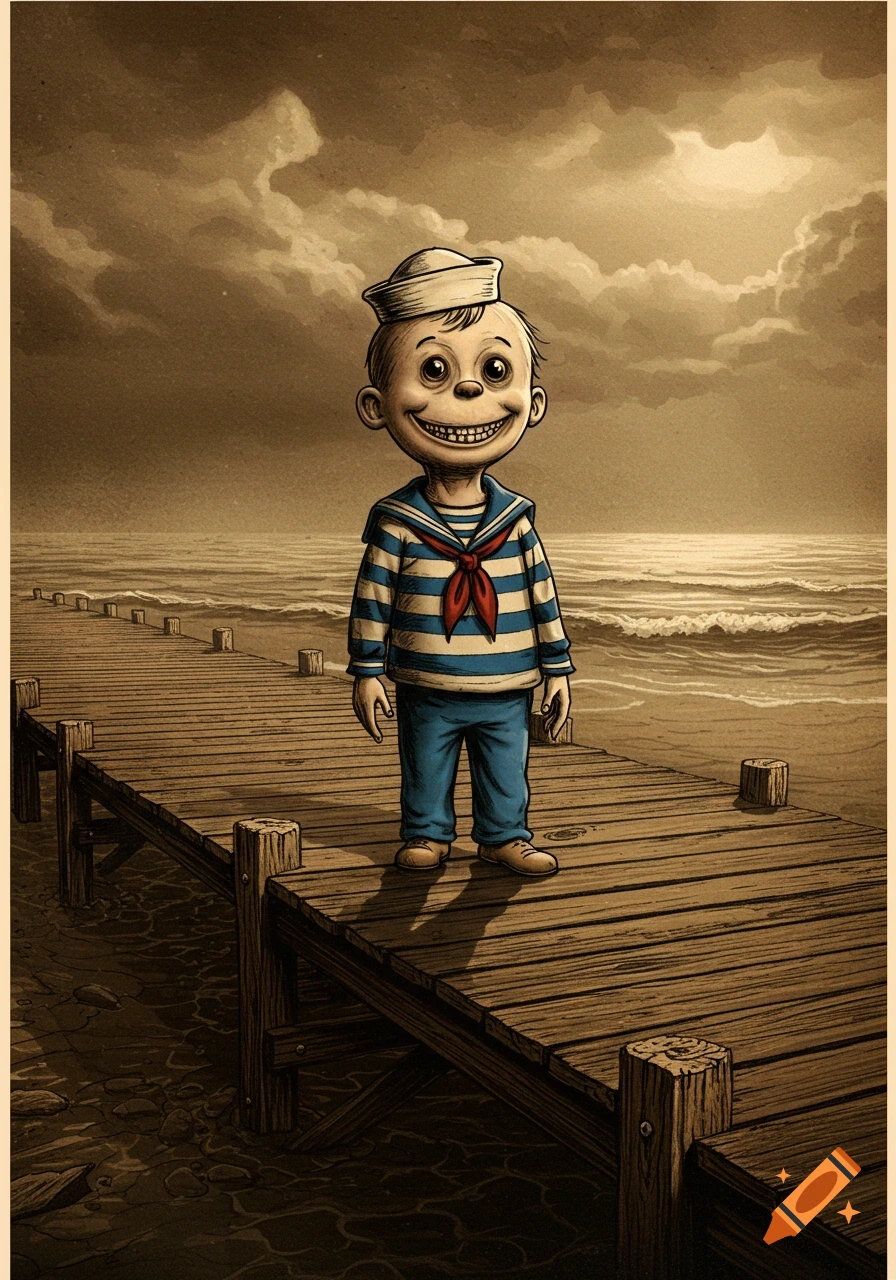 A creepy vintage comic-style illustration of a boy in a sailor outfit on a pier by the ocean.