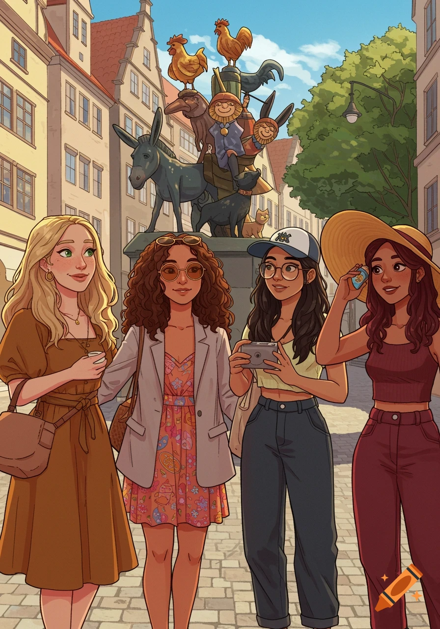 Four diverse female friends, illustrated in a vibrant style, happily walk through the sunny German town of Bremen, with the Bremen Town Musicians statue visible in the background.
