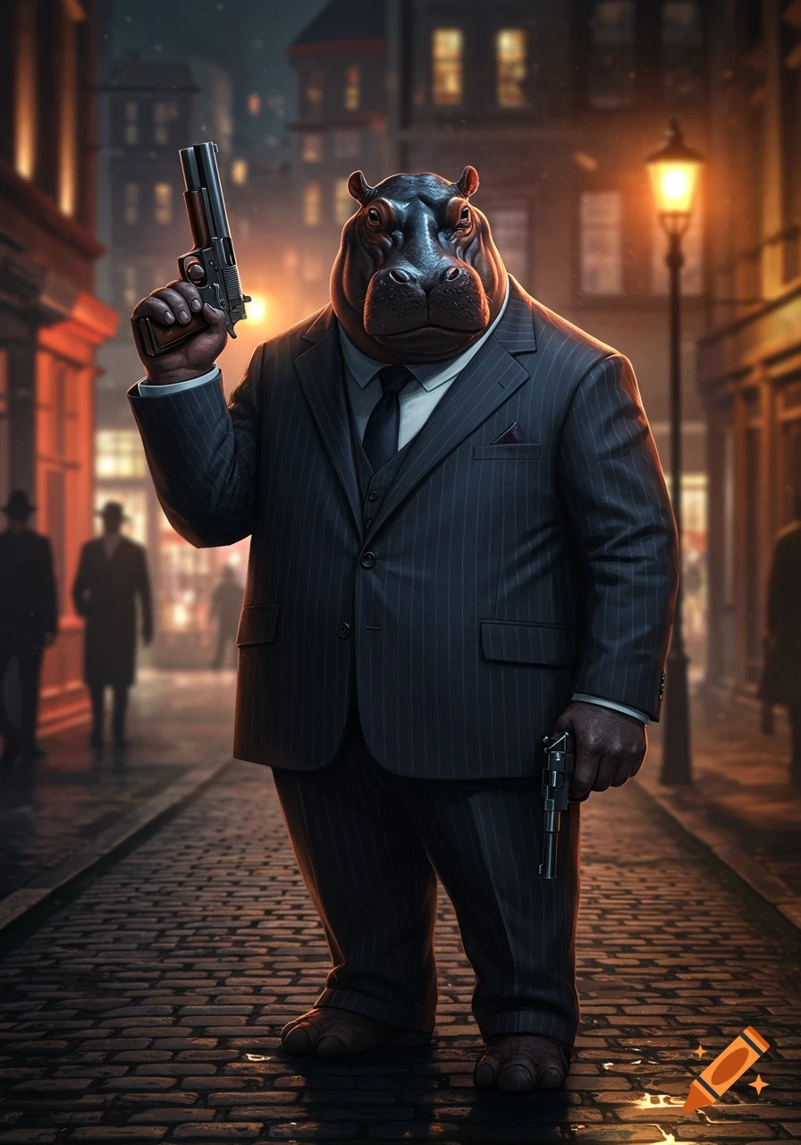 A large anthropomorphic hippo in a dark pinstripe suit and tie holds two pistols on a dark, cobbled street at night.