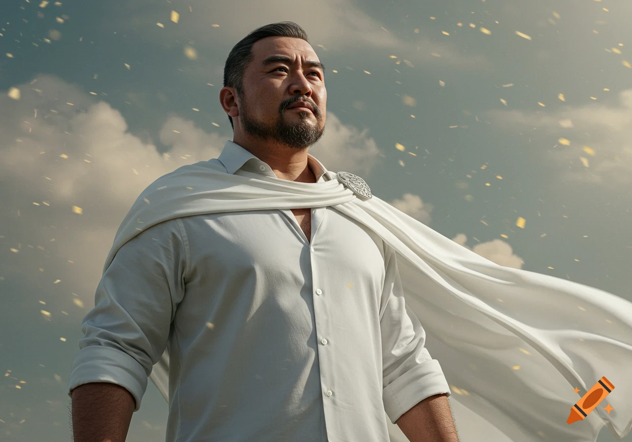 A man with a beard and a white cape looks up against a dramatic cloudy sky with golden specks.