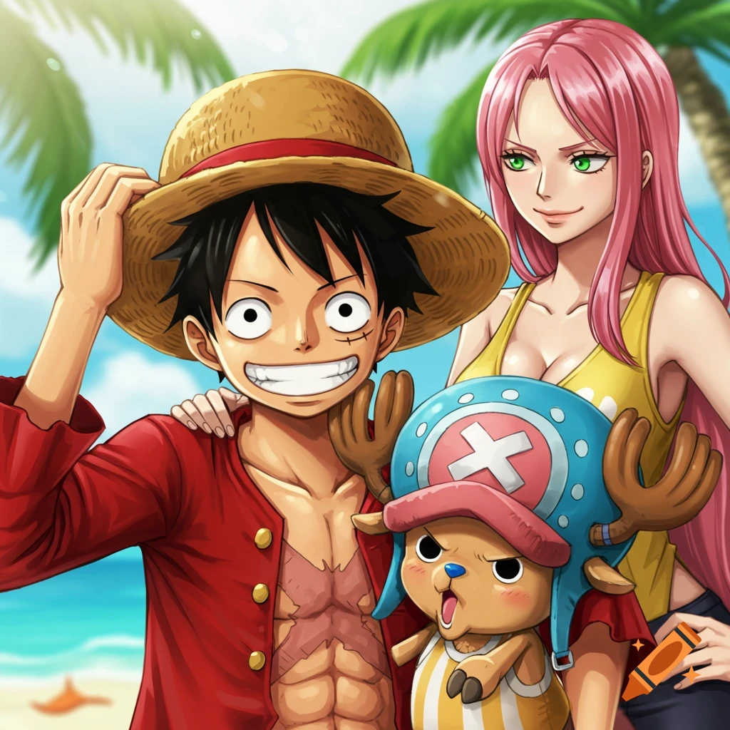 Monkey D. Luffy, a woman with pink hair, and Tony Tony Chopper pose smiling on a sunny beach, in an anime style.
