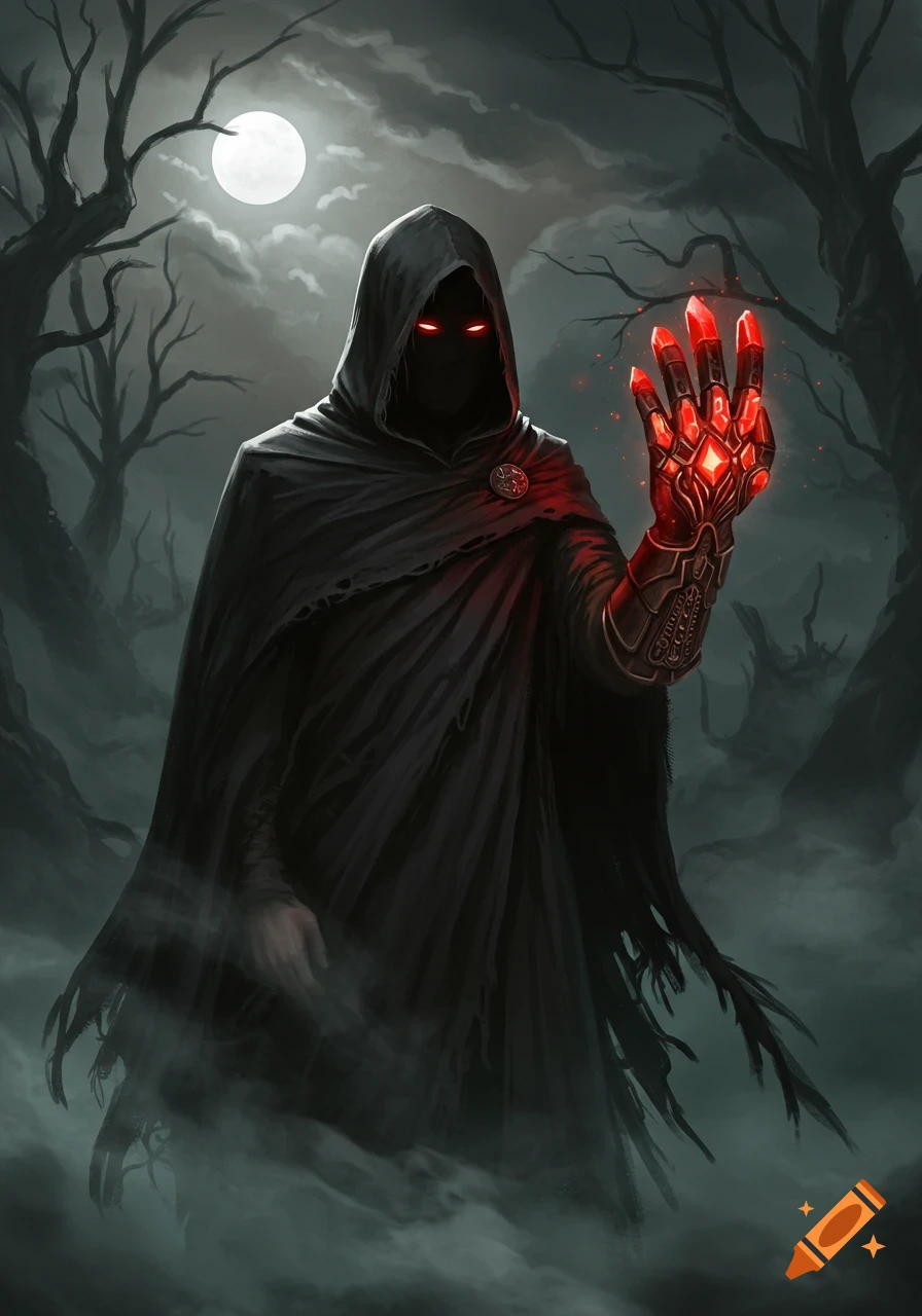 A cloaked figure with glowing red eyes stands in a dark forest under a full moon, holding up a gauntlet made of glowing red crystals.