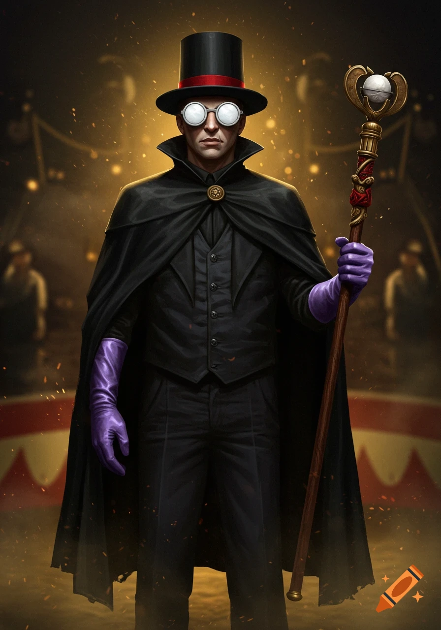 A man in a black top hat, cloak, and white goggles holds a staff in a circus setting.