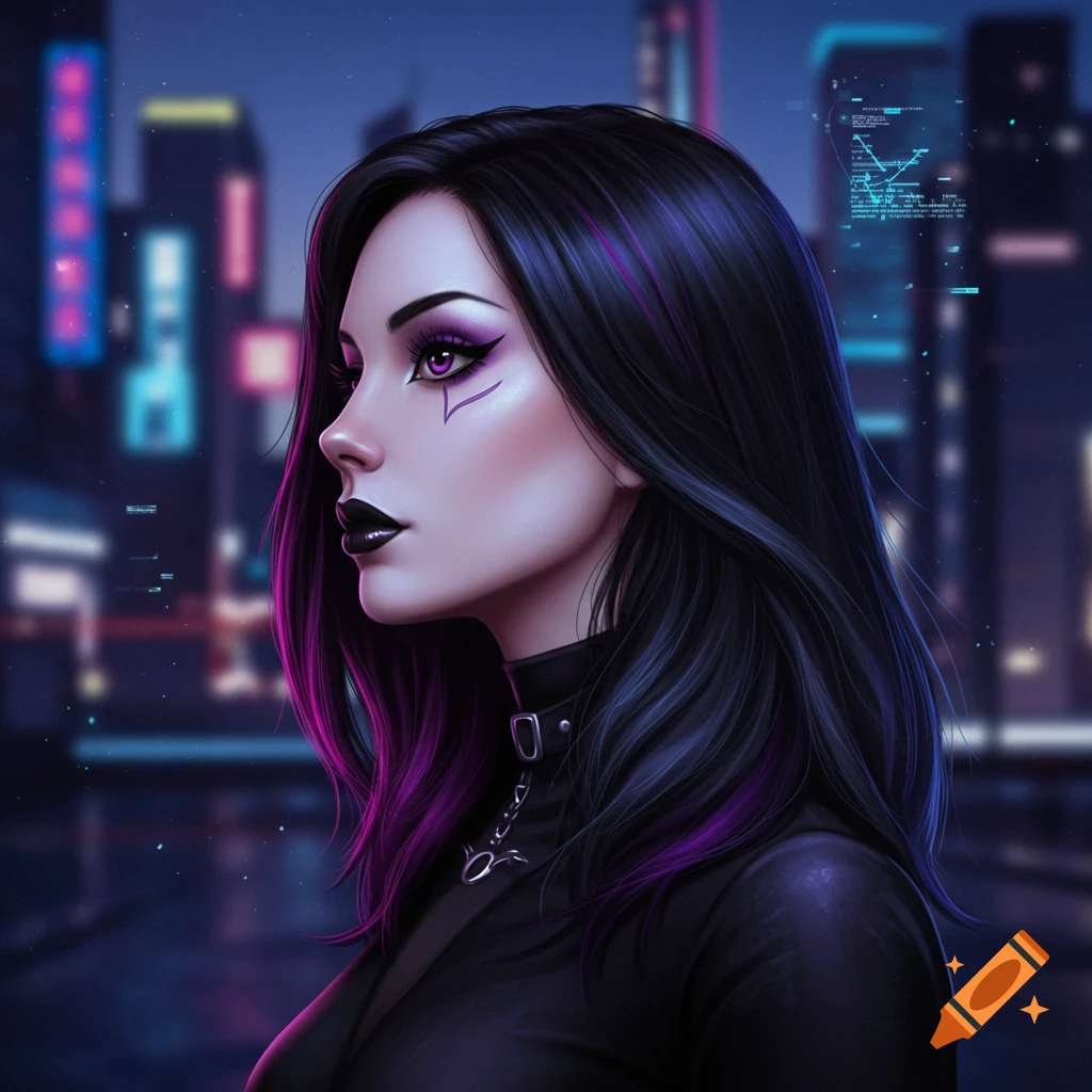 A stylized profile portrait of a woman with long black and purple hair, dramatic purple eye makeup, and dark lipstick, against a blurred cyberpunk city background with neon lights.