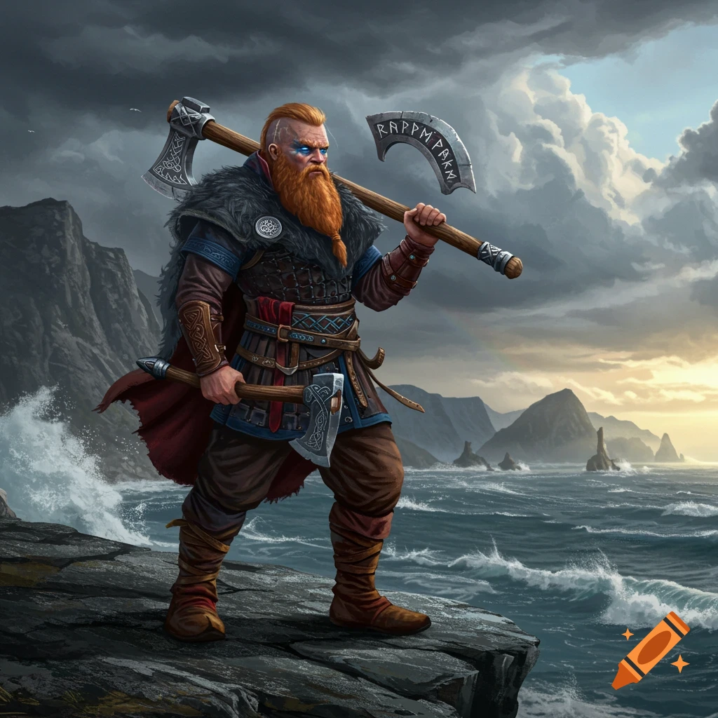 A fierce ginger-bearded Viking warrior stands on a cliff overlooking a stormy sea, holding two axes.