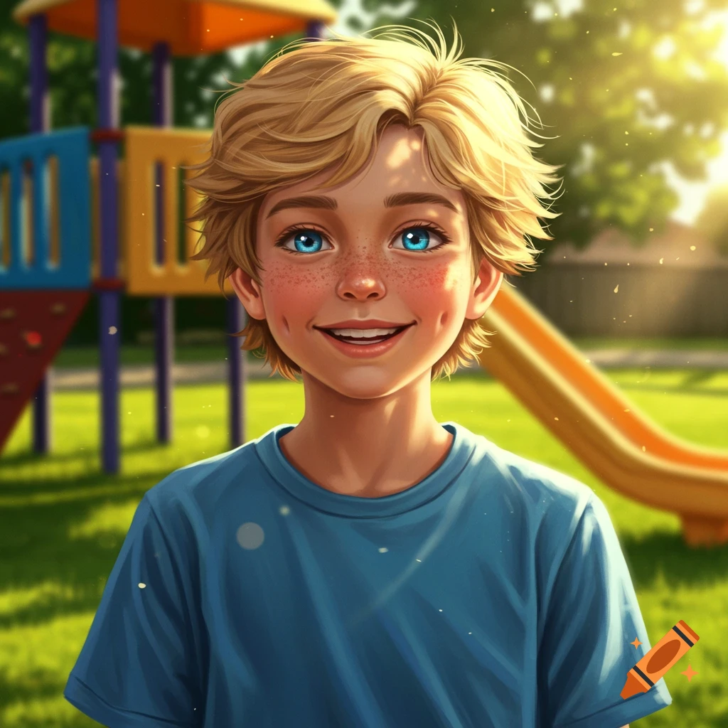 A smiling blonde boy with blue eyes, freckles, and dimples stands in a sunlit playground.