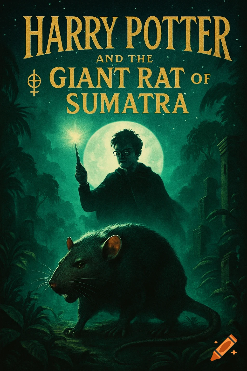 Stylized book cover for 'Harry Potter and the Giant Rat of Sumatra' featuring Harry Potter, a glowing wand, a large moon, and a giant rat in the foreground.