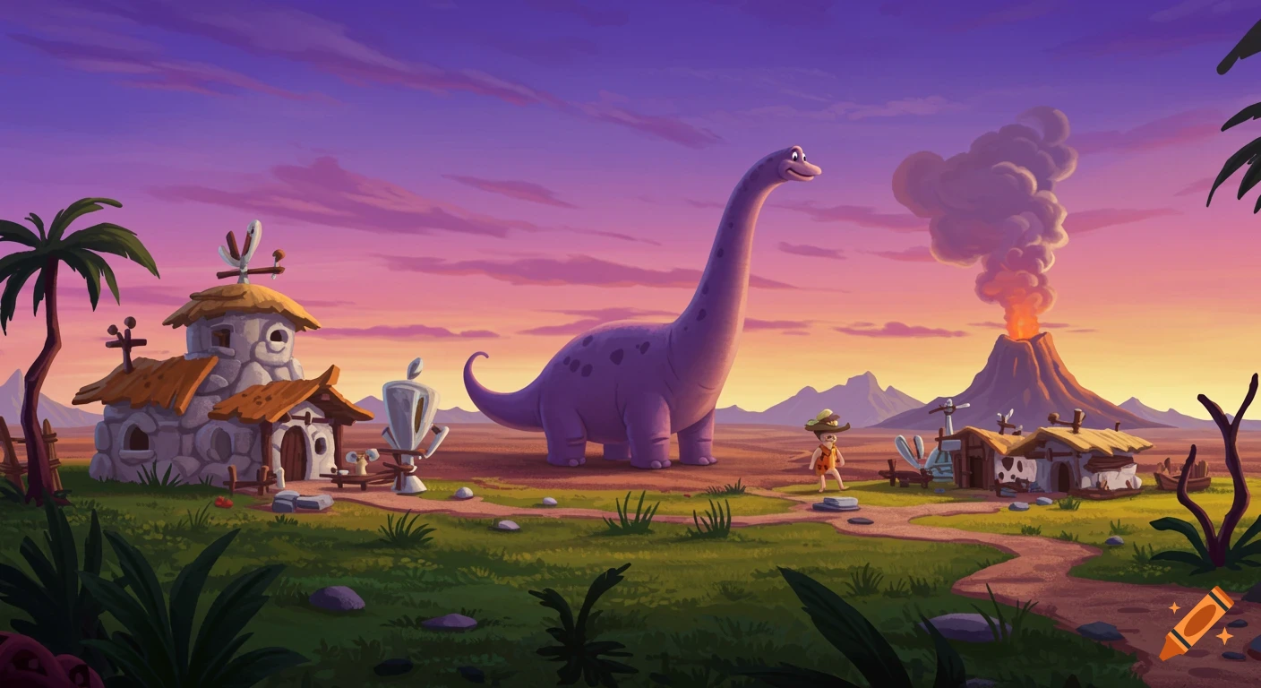 A cartoon prehistoric landscape featuring stone houses, a large purple dinosaur, a small caveman, and a smoking volcano under a vibrant sunset sky.