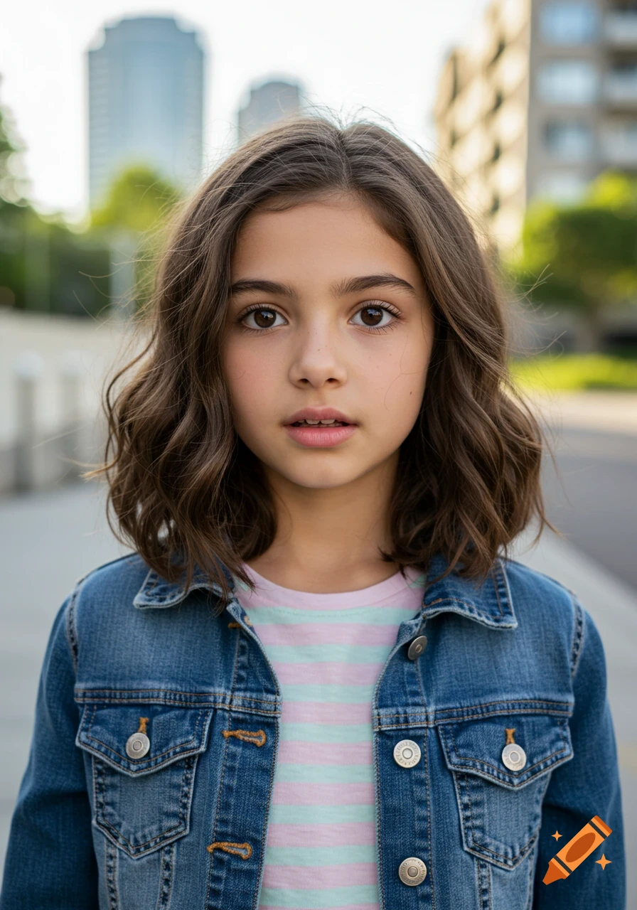 Photorealistic portrait of a young girl with brown wavy hair and a denim jacket, standing outdoors in front of blurred city buildings.