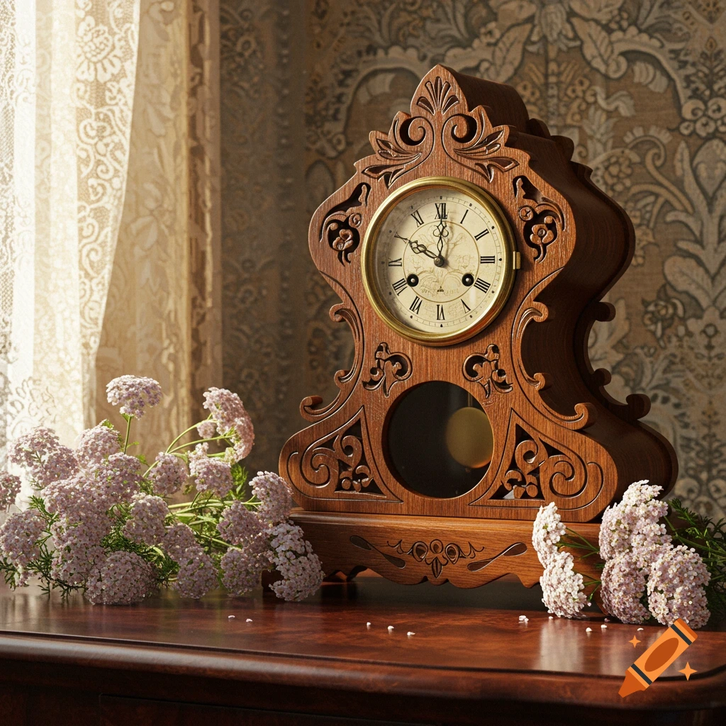 An ornate wooden antique mantel clock with Roman numerals sits on a dark wood table next to light pink flowers, with a patterned curtain and wallpaper in the background.